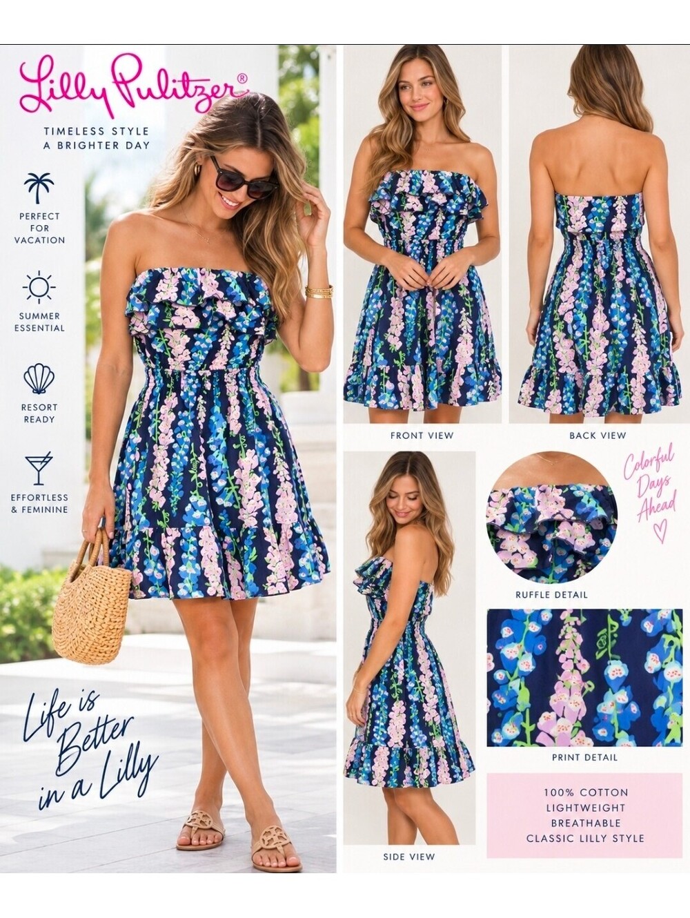 Lilly Pulitzer Strapless Floral Ruffle Mini Dress Size S Navy Blue Pink Cotton